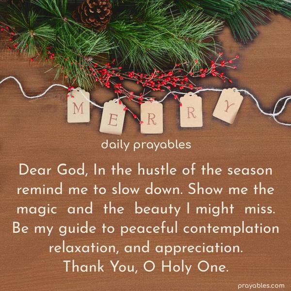 Dear God, In the hustle of the season, remind me to slow down. Show me the magic and the beauty I might miss. Be my guide to peaceful contemplation, relaxation, and appreciation. Thank You, O Holy One.