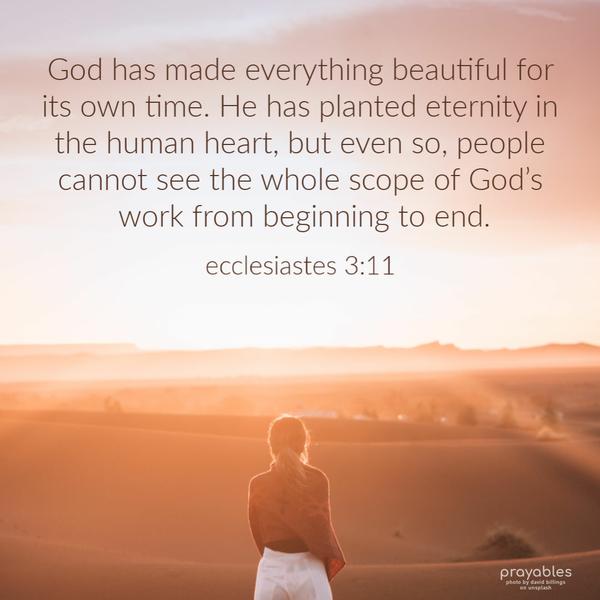 Ecclesiastes 3:11 God has made everything beautiful for its own time. He has planted eternity in the human heart, but even so, people cannot see the whole scope of God’s work
from beginning to end.