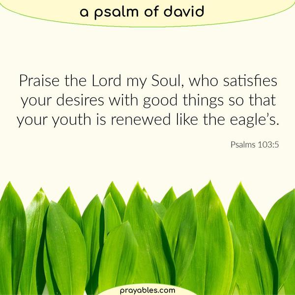 Psalms 103:5 Praise the Lord my Soul, who satisfies your desires with good things so that your youth is renewed like the eagle’s.