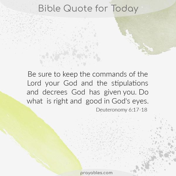 Deuteronomy 6:17-18 Be sure to keep the commands of the Lord your God and the stipulations and decrees God has given you. Do what is right and
good in God's eyes.