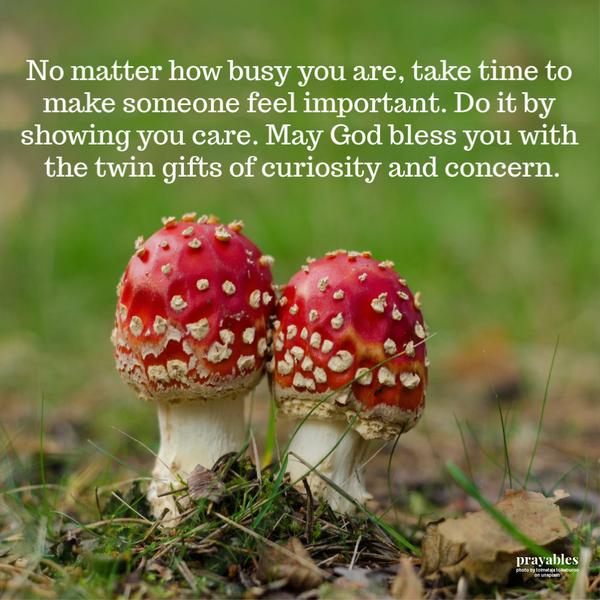 No matter how busy you are, take time to make someone feel important. Do it by showing you care. May God bless you with the twin gifts of curiosity and concern.