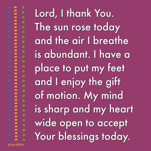 Lord, I thank You. The sun rose today and the air I breathe is abundant. I have a place to put my feet and I enjoy the gift of motion. My mind is sharp and my heart wide open to accept Your blessings today.