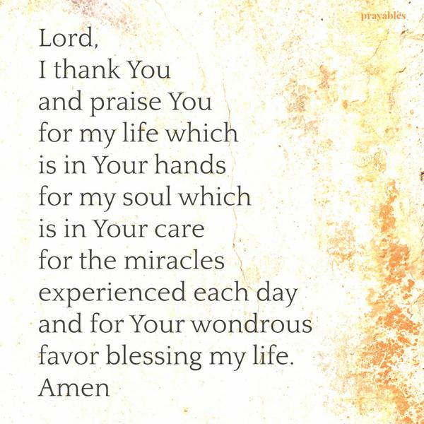 Lord, I thank You and praise You for my life which is in Your hands for my soul which is in Your care for the miracles experienced each day and for Your wondrous favor blessing my life. Amen