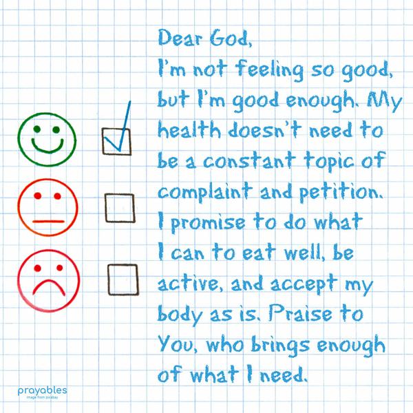 Dear God, I’m not feeling so good, but I’m good enough. My health doesn’t need to be a constant topic of complaint and petition. I promise to do what I can to eat well, be active, and
accept my body as is. Praise to You, who brings enough of what I need.