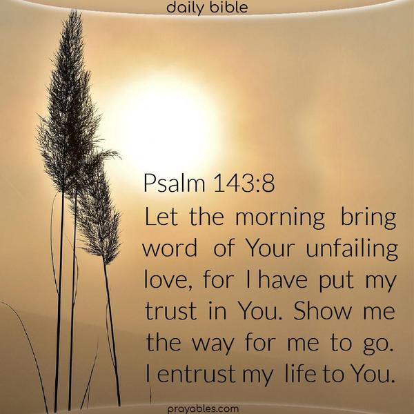 Let the morning bring me word of Your unfailing love, for I have put my trust in You. Show me the way I should go, for I entrust my life to You. Psalm 143:8