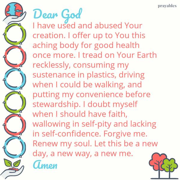 Dear God, I have used and abused Your creation. I offer up to You this aching body for good health once more. I tread on Your Earth recklessly, consuming my sustenance in
plastics, driving when I could be walking, and putting my convenience before stewardship. I doubt myself when I should have faith, wallowing in self-pity and lacking in self-confidence. Forgive me. Renew my soul. Let this be a new day, a new way, a new me.  Amen