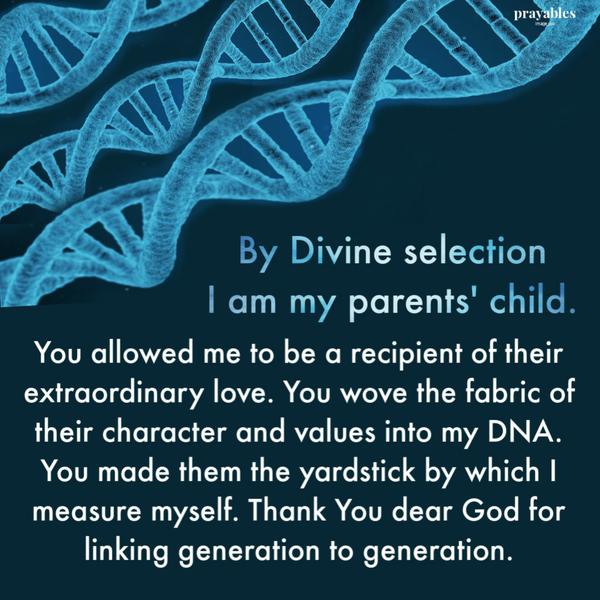 By Divine selection I am my parents’ child. You allowed me to be a recipient of their extraordinary love. You wove the fabric of their character and values into my DNA. You
made them the yardstick by which I measure myself. Thank You dear God for linking generation to generation.