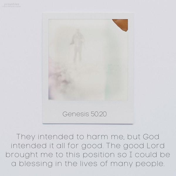 Genesis 50:20 They intended to harm me, but God intended it all for good. The good Lord brought me to this position so I could be a blessing in the lives of many people.