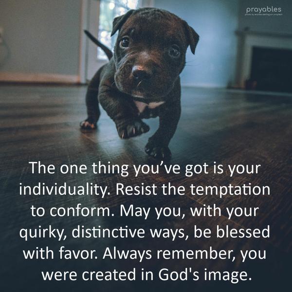 The one thing you’ve got is your individuality. Resist the temptation to conform. May you, with your quirky, distinctive ways, be blessed with favor.
Always remember, you were created in God's image.