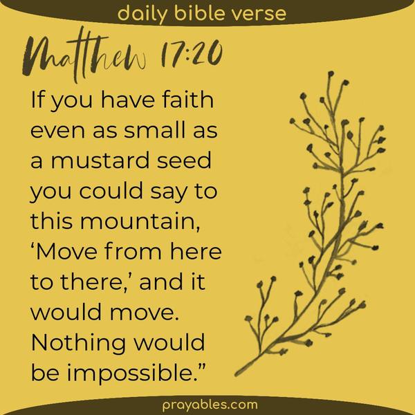 Matthew 17:20  If you have faith even as small as  a mustard seed   you could say to  this mountain, ‘Move from here to there,’ and it would
move. Nothing would  be impossible.”