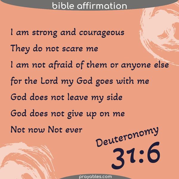 Deuteronomy 31:6 I am strong and courageous. They do not scare me, I am not afraid of them or anyone else, for the Lord my God goes with me. God does not leave my side, God
does not give up on me, Not now, not ever.
