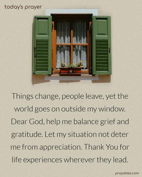Things change, people leave, yet the world goes on outside my window. Dear God, help me balance grief and gratitude. Let my situation not deter me from appreciation. Thank You for life experiences wherever they lead.
