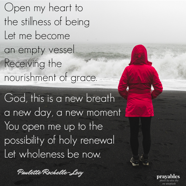 Open my heart to the stillness of being Let me become an empty vessel Receiving the nourishment of grace. God, this is a new breath a new day, a new moment You open me up to the possibility of holy renewal Let wholeness be now. by
Paulette Rochelle-Levy