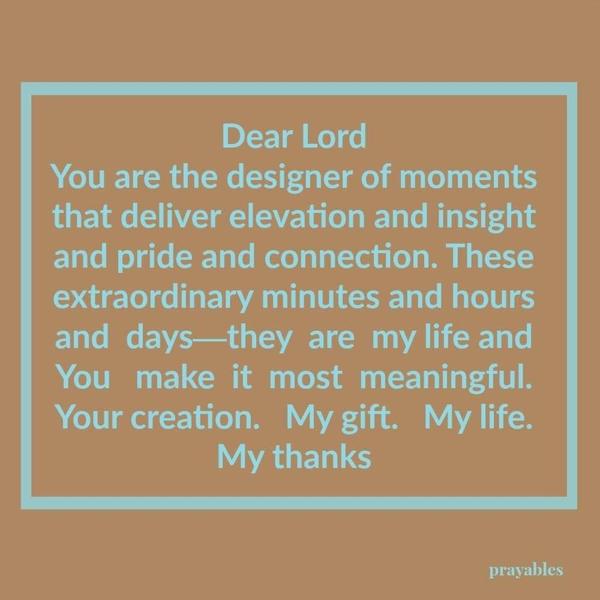 Dear Lord, You are the designer of moments that deliver elevation, insight, pride, and connection. These extraordinary minutes and hours and days—they are my life, and You make it most meaningful. Your creation. My gift. My life. My thanks.
