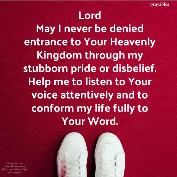 Lord, May I never be denied entrance to Your Heavenly Kingdom through my stubborn pride or disbelief. Help me to listen to Your voice attentively and to conform my life fully to Your Word.