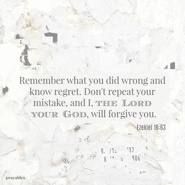 Ezekiel 16:63 Remember what you did wrong and know regret. Don’t repeat your mistake, and I, the Lord your God, will forgive you.