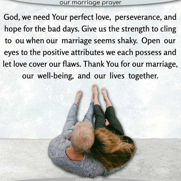 God, we need Your perfect love, perseverance, and hope for the bad days. Give us the strength to cling to You when our marriage seems shaky. Open our eyes to the positive attributes we each possess and let love cover our flaws. Thank You for our marriage, our well-being, and our lives together.