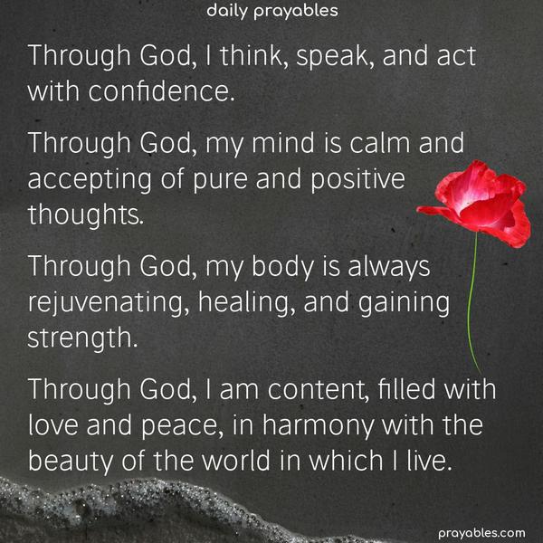 Through God, I think, speak, and act with confidence. Through God, my mind is calm and accepting of pure and positive thoughts. Through God, my body is always rejuvenating, healing, and gaining strength. Through God, I am content, filled with love and peace, in harmony with the beauty of the world in which I live.