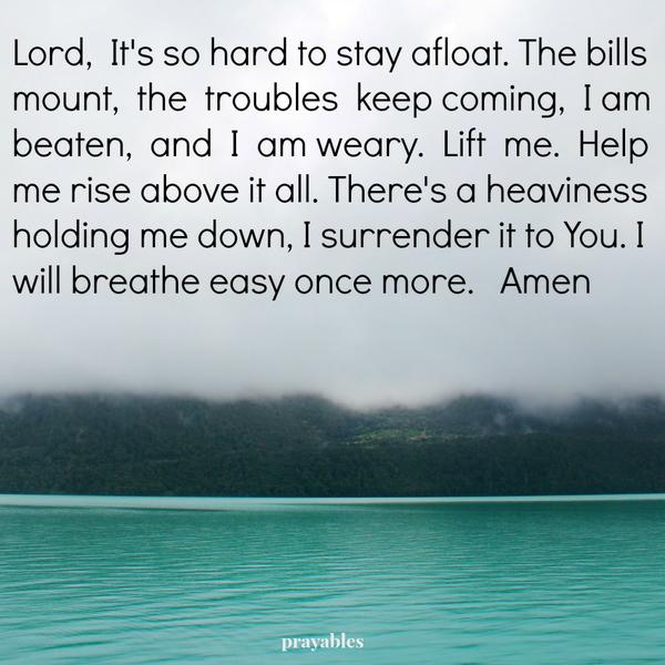 Breathe Easy Lord, It’s so hard to stay afloat. The bills mount, the troubles keep coming, I am beaten, and I am weary. Lift me. Help me rise above it all. There’s a heaviness holding me down, I surrender it to You. I will breathe
easy once more.   Amen