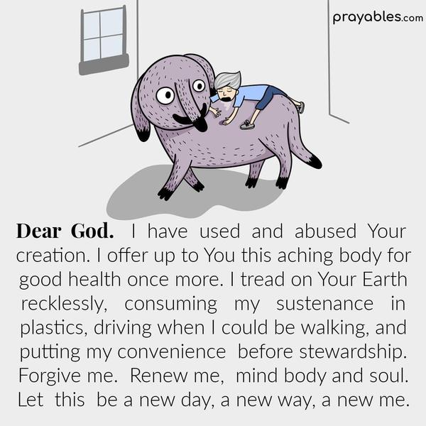 Dear God, I have used and abused Your creation. I offer up to You this aching body for good health once more. I tread on Your Earth recklessly, consuming my sustenance in
plastics, driving when I could be walking, and putting my convenience before stewardship. Forgive me. Renew my soul. Let this be a new day, a new way, a new me.  Amen