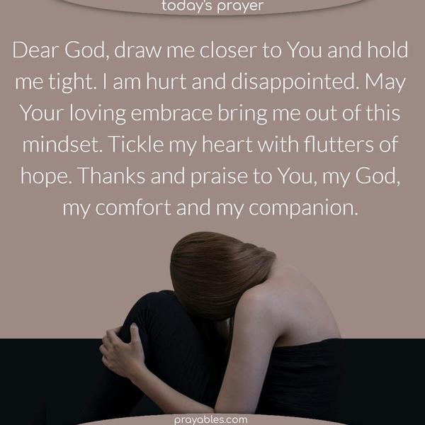 Dear God, draw me closer to You and hold me tight. I am hurt and disappointed. May Your loving embrace bring me out of this mindset. Tickle my heart with flutters of hope. Thanks and praise to You, my God, my comfort, and my companion.