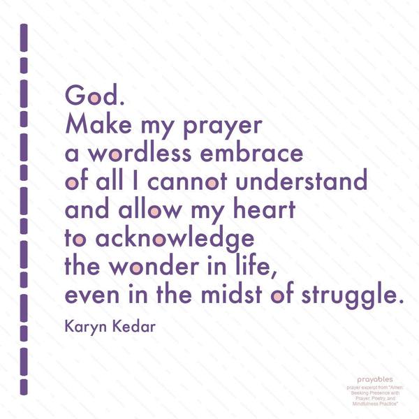 God. Make my prayer a wordless embrace of all I cannot understand and allow my heart to acknowledge the wonder in life, even in the midst of struggle. Karyn Kedar excerpt from Amen:
Seeking Presence with Prayer, Poetry, and Mindfulness Practice 