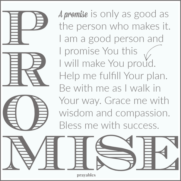 A promise is only as good as the person who makes it. I am a good person and I promise You this – I will make You proud. Help me fulfill Your plan.Be with me as I walk in Your way. Grace me with wisdom and compassion. Bless me with success.