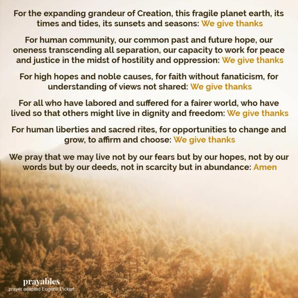 For the expanding grandeur of Creation, this fragile planet earth, its times and tides, its sunsets and seasons: We give thanks For human community, our common past and future hope, our oneness transcending all separation, our capacity to
work for peace and justice in the midst of hostility and oppression: We give thanks For high hopes and noble causes, for faith without fanaticism, for understanding of views not shared: We give thanks For all who have labored and suffered for a fairer world, who have lived so that others might live in dignity and freedom: We give thanks For human liberties and sacred rites, for opportunities to change and grow, to affirm and choose: We give thanks We pray that we may live not by our fears but by
our hopes, not by our words but by our deeds, not in scarcity but in abundance: Amen