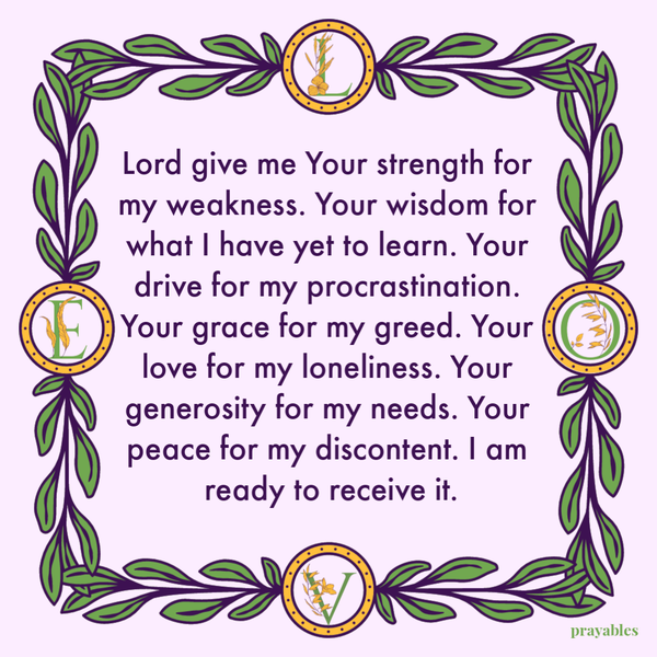 Lord give me Your strength for my weakness. Your wisdom for what I have yet to learn. Your drive for my procrastination. Your grace for my greed. Your love for my loneliness. Your generosity for my needs. Your peace for my discontent. I am
ready to receive it.