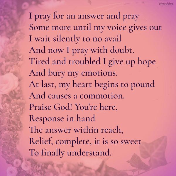 I pray for an answer and pray some more until my voice gives out. I wait silently to no avail, and now I pray with doubt. Tired and troubled, I give up hope and bury my emotions. At last,
my heart begins to pound and causes a commotion. Praise God! You’re here, response in hand, the answer within reach. Relief. Complete. It is so sweet to finally understand.