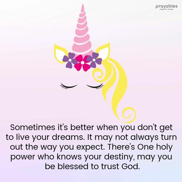 Sometimes it’s better when you don’t get to live your dreams. It may not always turn out the way you expect. There’s One holy power who knows your destiny, may you be blessed to trust
God.