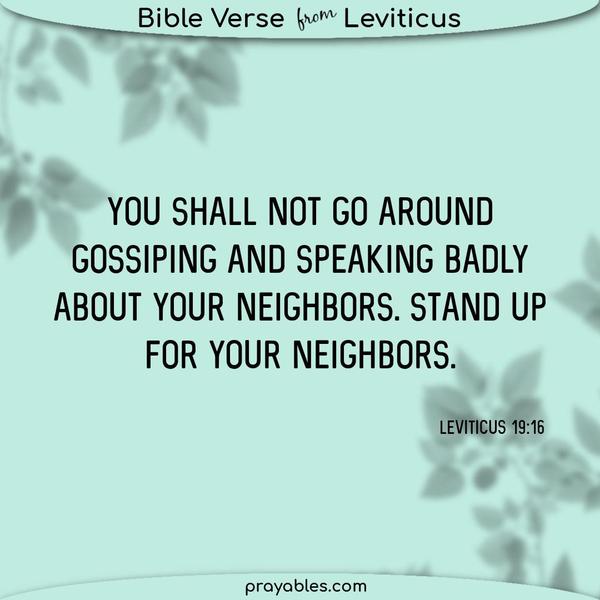 Leviticus 19:16 You shall not go around gossiping and speaking badly about your neighbors. Stand up for your neighbors.