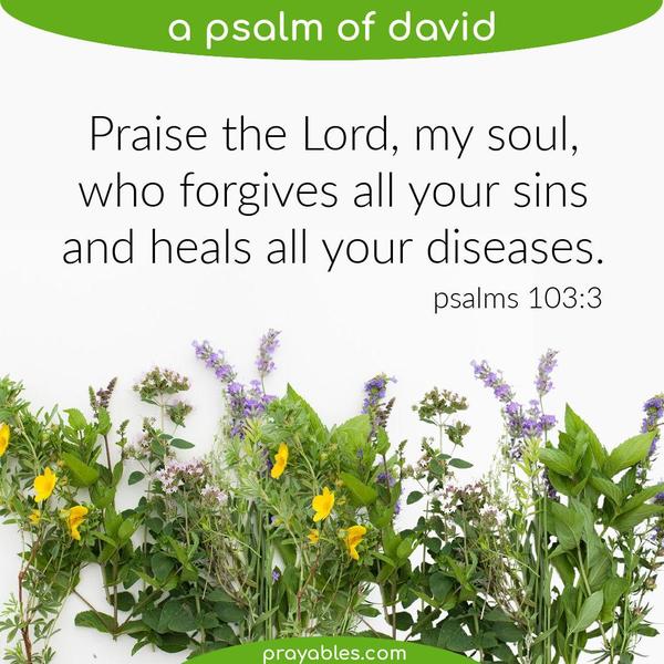 Psalms 103:3 Praise the Lord, my soul, who forgives all your sins and heals all your diseases.