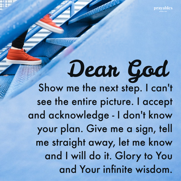 Dear God, Show me the next step. I can’t see the entire picture. I accept and acknowledge – I don’t know your plan. Give me a sign,
tell me straight away, let me know and I will do it. Glory to You and Your infinite wisdom.