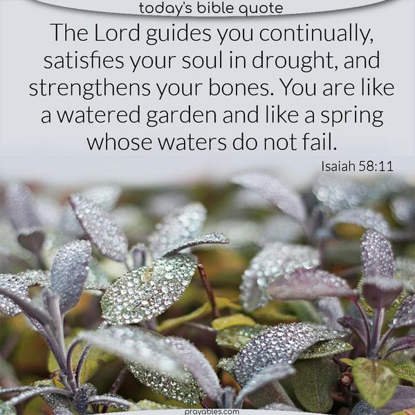 Isaiah 58:11 The Lord guides you continually, satisfies your soul in drought, and strengthens your bones. You are like a watered garden and like a spring whose waters do not fail. Isaiah 58:11