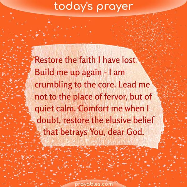 Restore the faith I have lost. Build me up again - I am crumbling to the core. Lead me not to the place of fervor, but of quiet calm. Comfort
me when I doubt, restore the elusive belief that betrays You, dear God. 