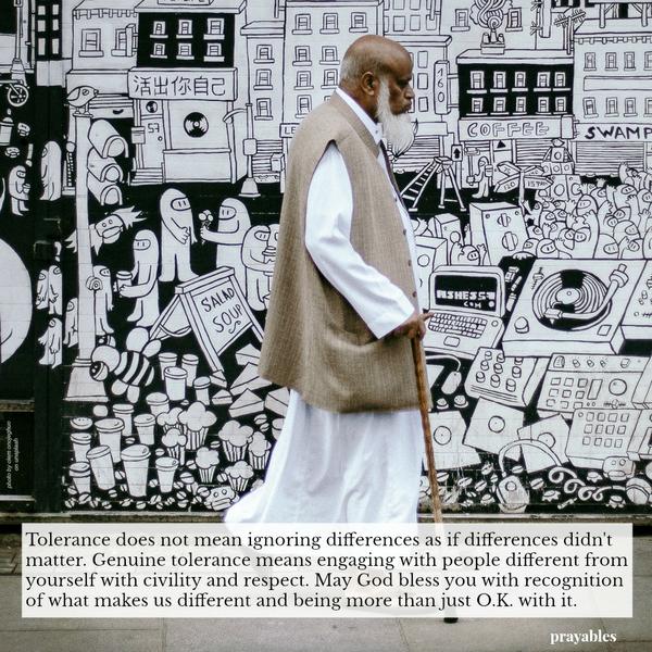 Tolerance does not mean ignoring differences as if differences didn’t matter. Genuine tolerance means engaging with people different from yourself with civility and respect. May God bless you with recognition of what makes us
different and being more than just O.K. with it. inspired by quote from Richard John Neuhaus 