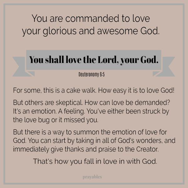  Deuteronomy 6:5  You shall love the Lord, your God. You are commanded to love your glorious and awesome God. For some, this is a cake walk. How easy it is to love God!   But others are skeptical. How can love be demanded? It's
an emotion. A feeling. You've either been struck by the love bug or it missed you.   But there is a way to summon the emotion of love for God. You can start by taking in all of God's wonders, and immediately give thanks and praise to the Creator. That's how you fall in love with God.