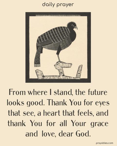 From where I stand, the future looks good. Thank You for eyes that see, a heart that feels, and thank You for all Your grace and love, dear God.