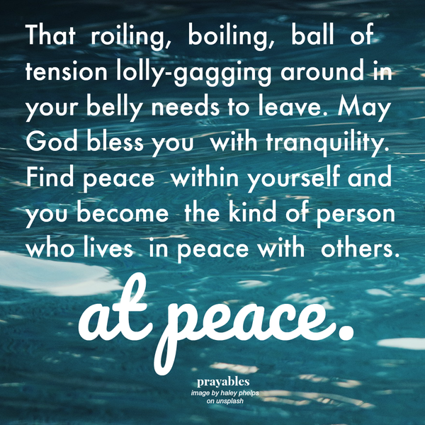 That roiling, boiling, ball of tension lolly-gagging around in your belly needs to leave. May God bless you with tranquility. Find peace within yourself and you become the kind of person who can live at peace with others.