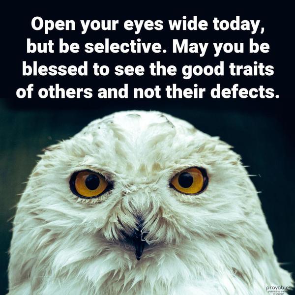 Open your eyes wide today, but be selective. May you be blessed to see the good traits of others and not their defects.