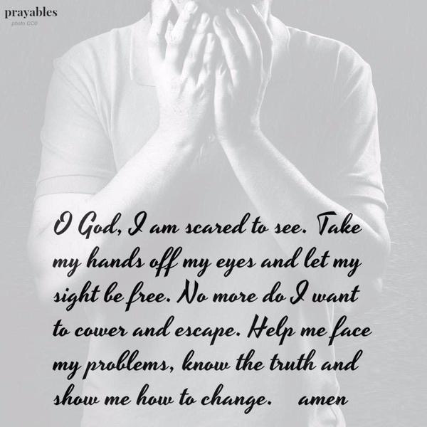 O God, I am scared to see. Take my hands off my eyes and let my sight be free. No more do I want to cower and escape. Help me face my problems, know the truth, and show me how to change. amen