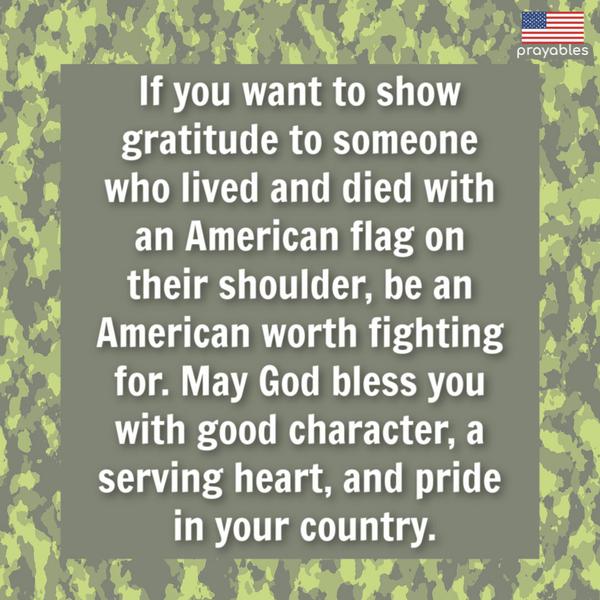 If you want to show gratitude to someone who lived and died with an American flag on their shoulder, be an American worth fighting for. May God bless you with good character,
a serving heart, and pride in your country.