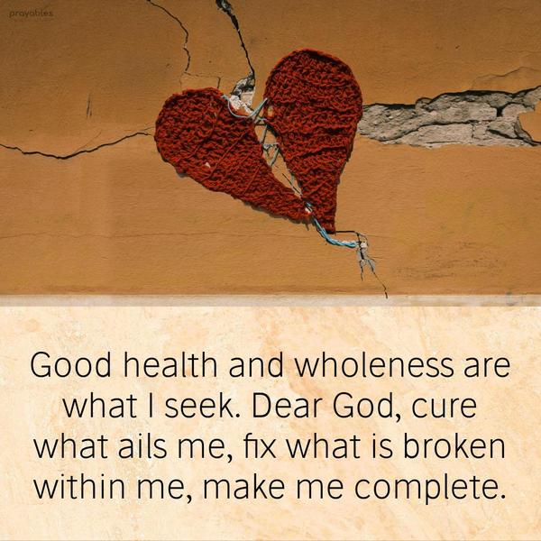 Good health and wholeness are what I seek. Dear God, cure what ails me, fix what is broken within me, make me complete.