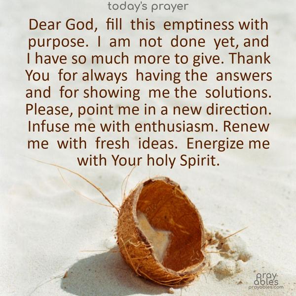 Dear God, fill this emptiness with purpose. I am not done yet, and I have so much more to give. Thank You for always having the answers and for showing me the solutions. Please, point me in a new direction. Infuse me with enthusiasm. Renew me with fresh ideas. Energize me with Your holy Spirit.