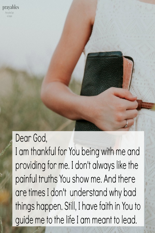 Dear God, I am thankful for You being with me and providing for me. I don't always like the painful truths You show me. And there  are times I don't  understand why bad things happen. Still, I have faith in You to guide me to the life
I am meant to lead.     