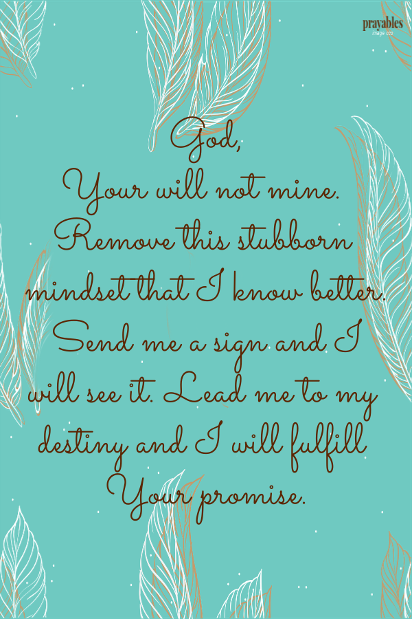 God, Your will not mine. Remove this stubborn mindset that I know better. Send me a sign and I will see it. Lead me to my destiny and I will fulfill Your promise.