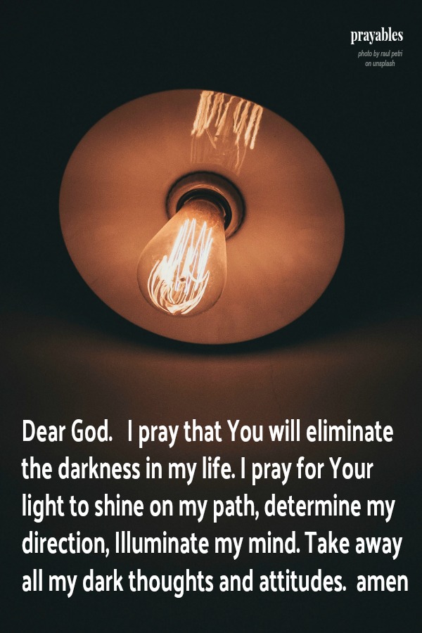 Dear God.   I pray that You will eliminate the darkness in my life. I pray for Your light to shine on my path, determine my direction, Illuminate my mind. Take away all my dark thoughts and attitudes.  amen