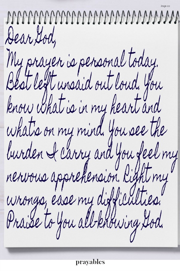 Dear God, My prayer is personal today. Best left unsaid out loud. You know what is in my heart and what’s on my mind. You see the burden I carry and You feel my nervous apprehension. Right my wrongs, ease my difficulties. Praise to You
all-knowing God.