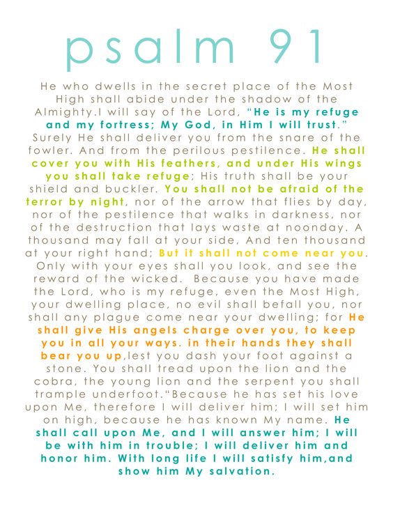 psalm 91 He who dwells in the secret place of the Most High Shall abide under the shadow of the Almighty. 2 I will say of the Lord, “He is my refuge and my fortress; My God, in Him I will trust.” 3 Surely He shall deliver you from
the snare of the fowler[a] And from the perilous pestilence. 4 He shall cover you with His feathers, And under His wings you shall take refuge; His truth shall be your shield and buckler. 5 You shall not be afraid of the terror by night, Nor of the arrow that flies by day, 6 Nor of the pestilence that walks in darkness, Nor of the destruction that lays waste at noonday. 7 A thousand may fall at your side, And ten thousand at your right hand; But it shall not come near you. 8 Only with your eyes
shall you look, And see the reward of the wicked. 9 Because you have made the Lord, who is my refuge, Even the Most High, your dwelling place, 10 No evil shall befall you, Nor shall any plague come near your dwelling; 11 For He shall give His angels charge over you, To keep you in all your ways. 12 In their hands they shall bear you up, Lest you dash your foot against a stone. 13 You shall tread upon the lion and the cobra, The young lion and the serpent you shall trample underfoot. 14 “Because
he has set his love upon Me, therefore I will deliver him; I will set him on high, because he has known My name. 15 He shall call upon Me, and I will answer him; I will be with him in trouble; I will deliver him and honor him. 16 With long life I will satisfy him, And show him My salvation.”